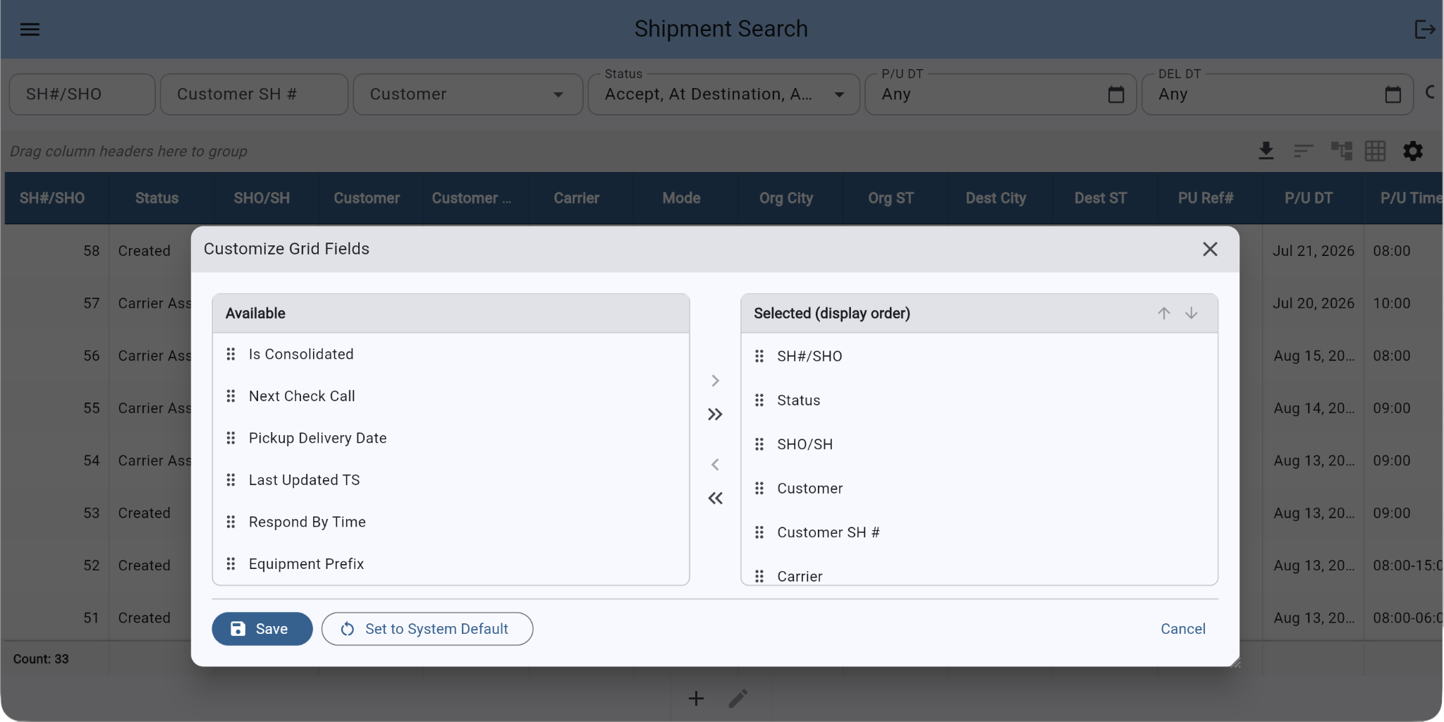 SmartSCM Customize Grid Fields dialog showing available columns and selected columns in display order